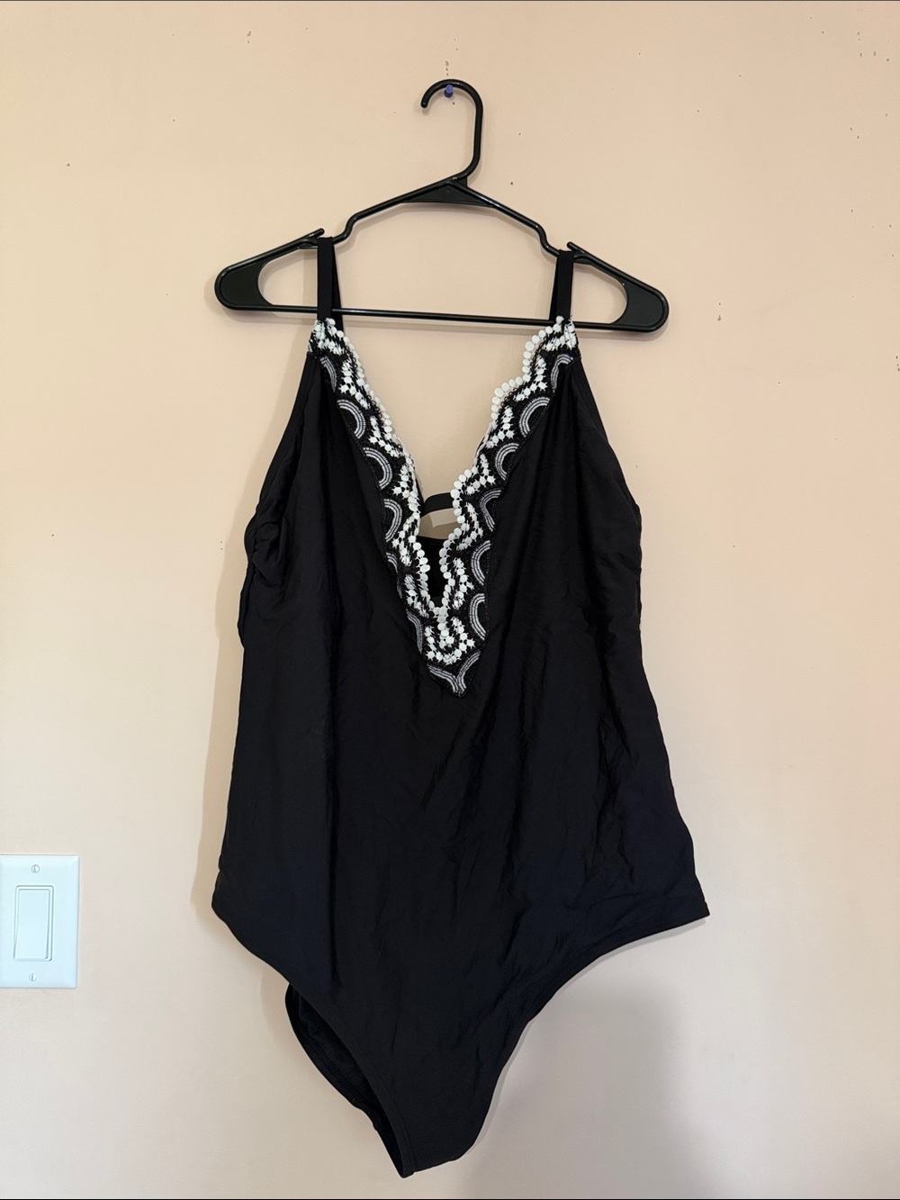 Black One-Piece Swimsuit with White Beaded V-Neck